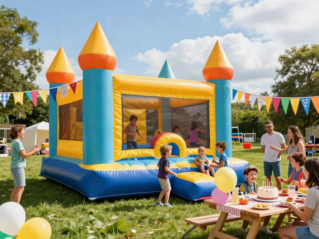 Excited children playing in an inflatable castle at a birthday party, showcasing fun and celebration.
