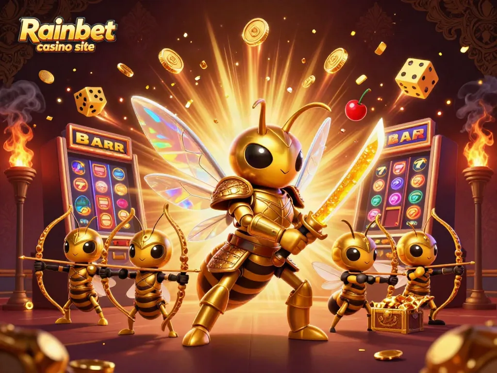Feel the thrill at Rainbet casino site with an action-packed scene of a golden hornet and bee archers surrounded by casino magic.