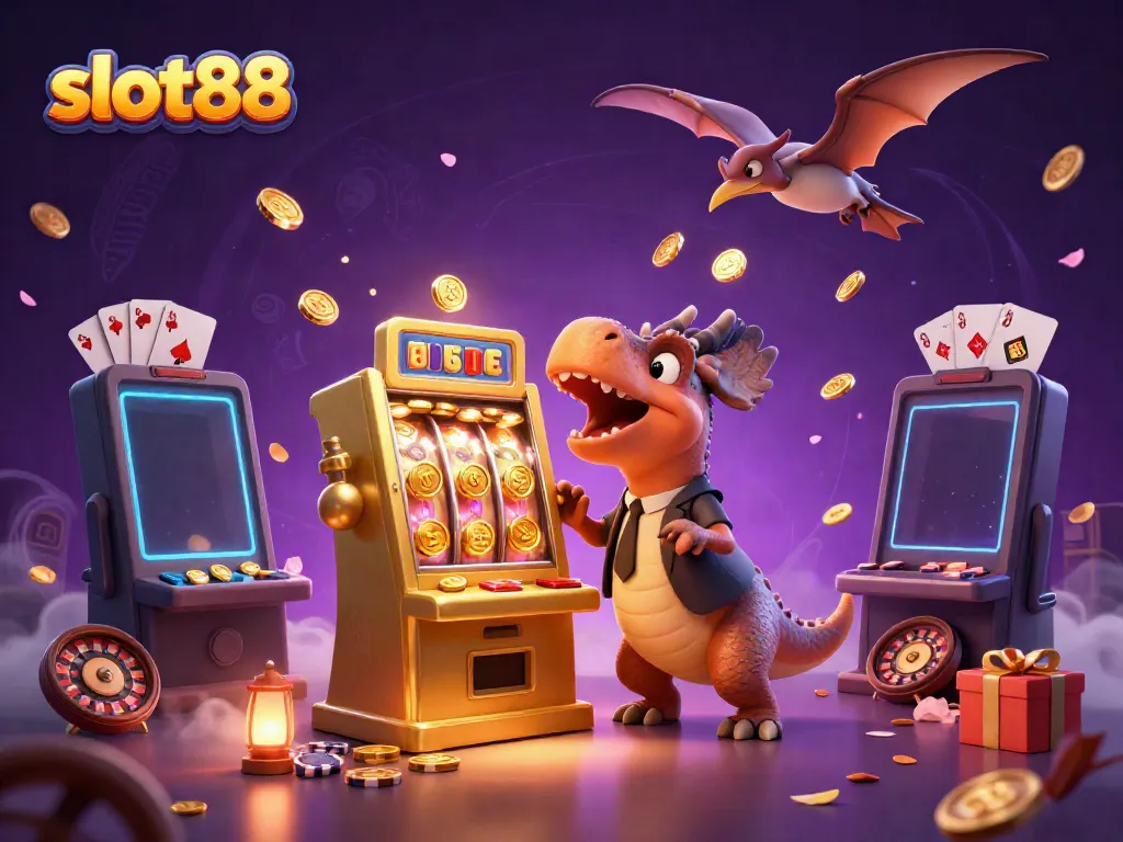 The pachycephalosaurus triggers a slot machine jackpot with gold coins flying around in a vibrant casino scene. slot88