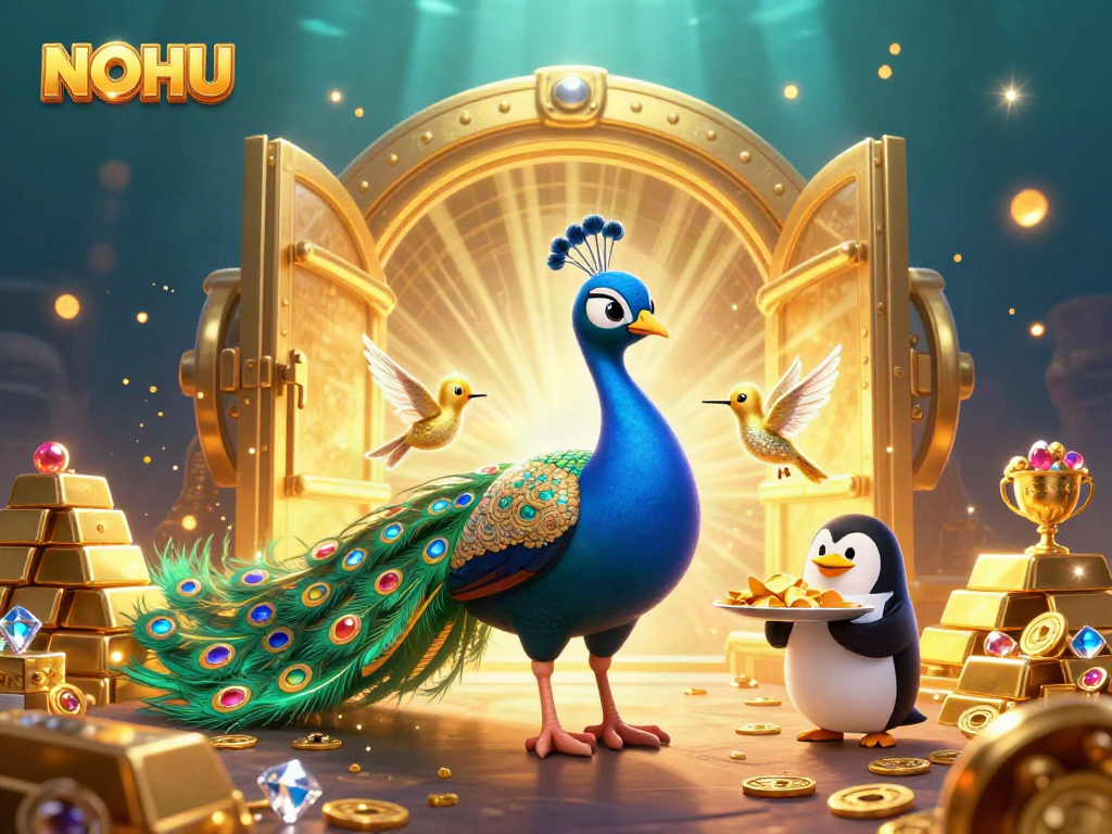 Engage with NOHU's vibrant casino atmosphere featuring a colorful peacock, penguin butler, and sparkling treasures.