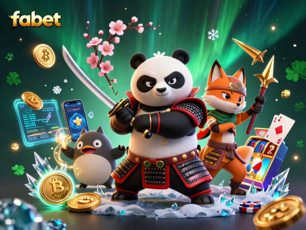 Engage with fabet's thrilling gaming scene featuring samurai panda and vibrant casino elements.