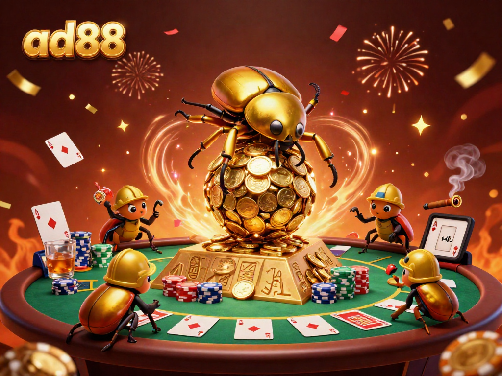 Experience thrilling gameplay with ad88's vivid golden beetle casino scene, featuring poker excitement.