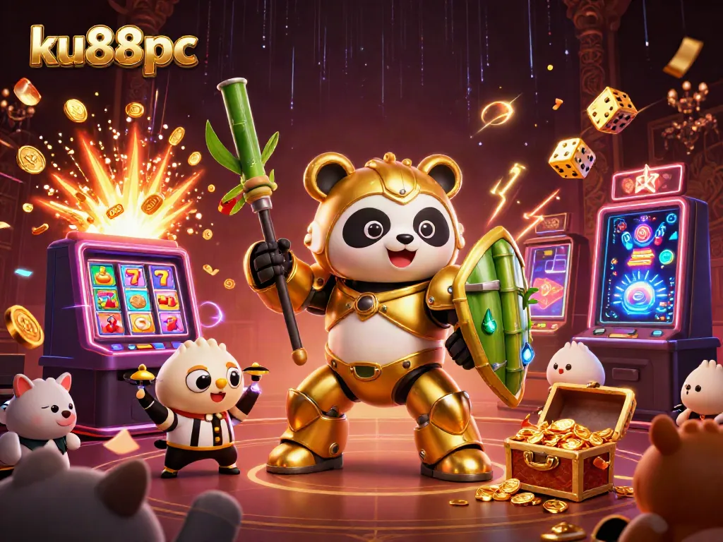 Experience thrilling gameplay at ku88pc with a golden panda piloting a robot at a vibrant casino