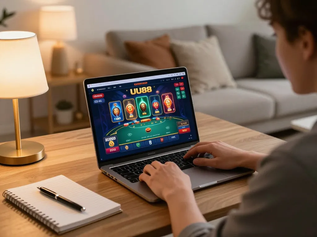 Engaging in online gambling on UU 88 with a tablet in a cozy home setting.
