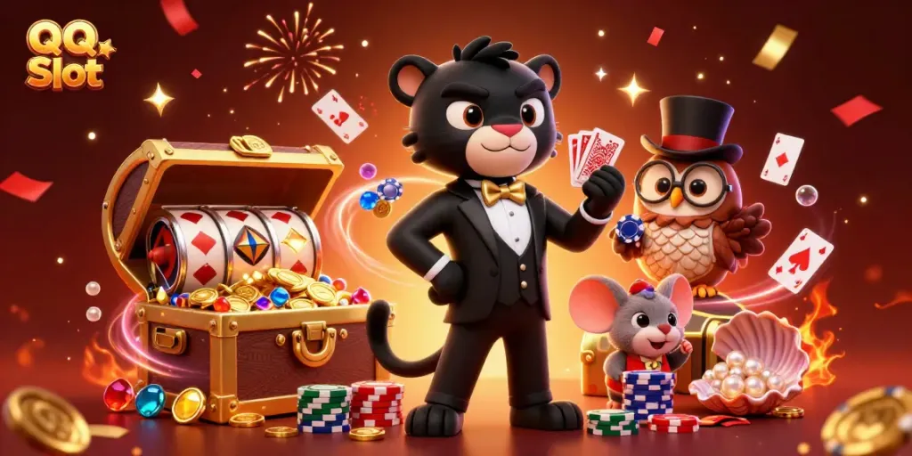 Engage with QQ Slot featuring a stylish black panther dealing cards in an exciting casino scene.