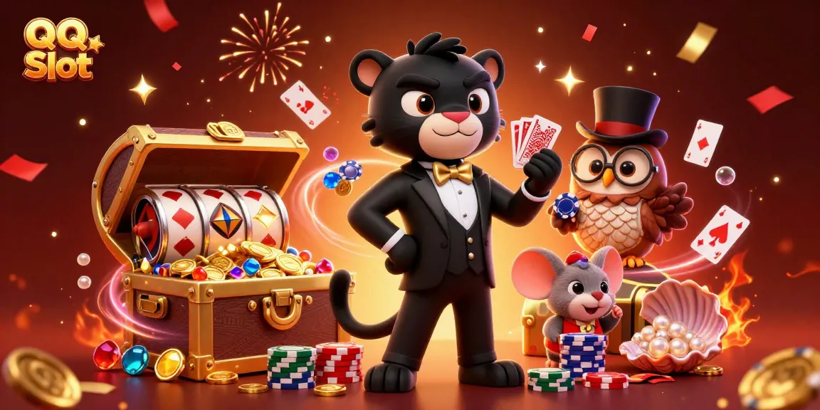 Engage with QQ Slot featuring a stylish black panther dealing cards in an exciting casino scene.