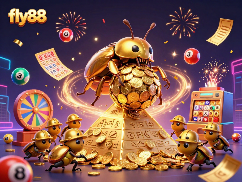 Experience thrilling excitement at fly88 casino with vibrant illustrations of games, jackpots, and lottery fun.