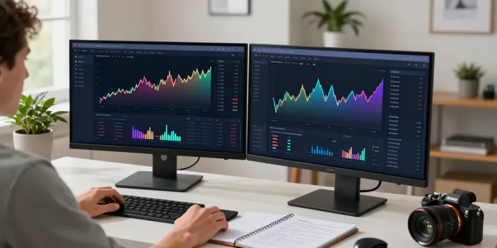 Engaged cryptocurrency trader using the Quantum AI trading platform in a modern home office environment.