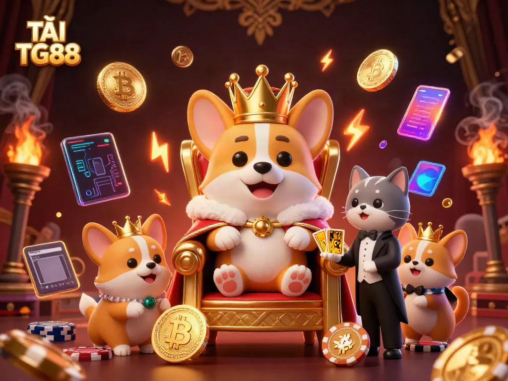 TẢI TG88 casino scene featuring a royal corgi on a throne, surrounded by crypto elements and vibrant decor.