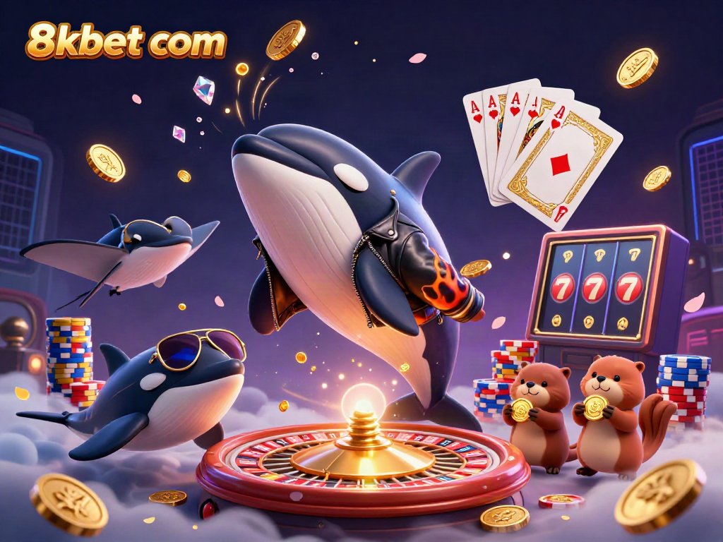 Experience excitement with 8xbet com in this vibrant casino scene showcasing a playful orca and treasure-holding otters.