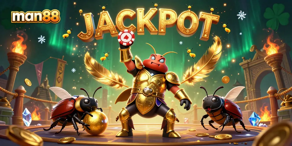 Experience man88's thrilling jackpot as the victorious beetle lifts a poker chip amidst a vibrant casino setting.