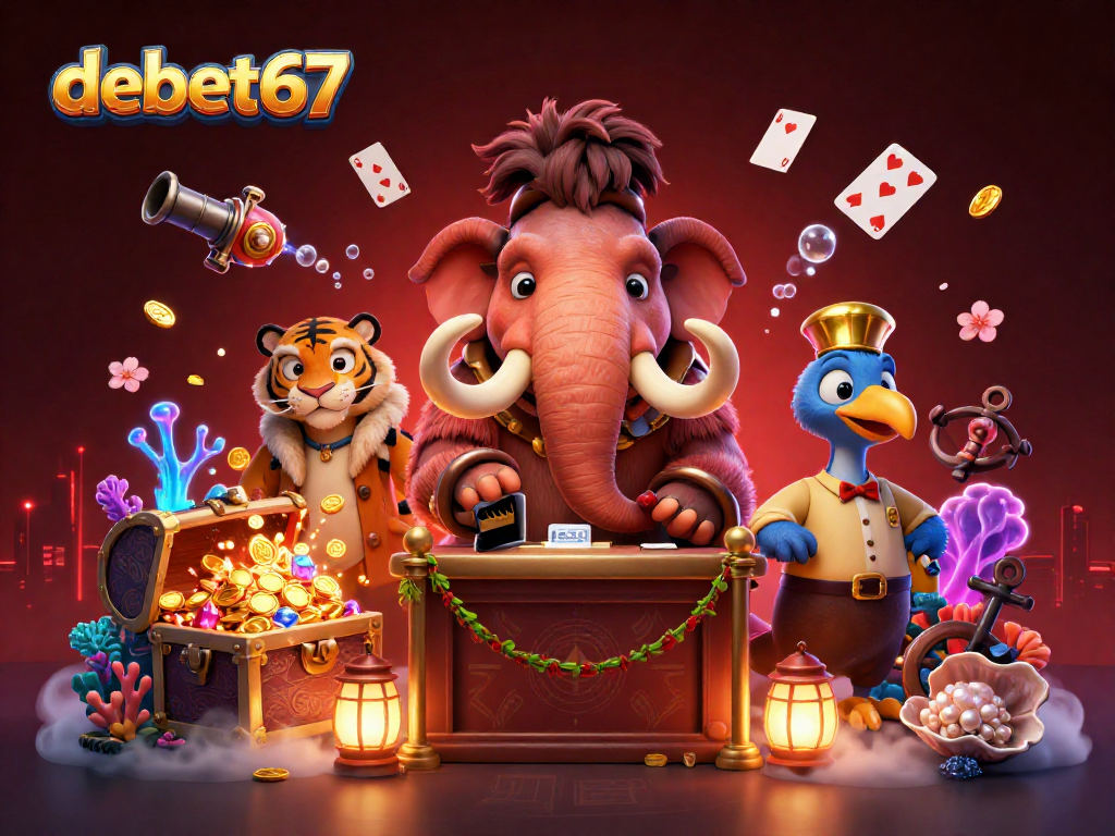 Experience the excitement of debet67 with dynamic gambling characters and underwater treasures in this engaging illustration.