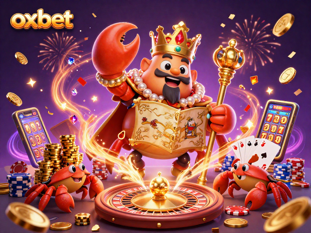 Experience the excitement of oxbet with a golden crab emperor amidst casino treasures and fireworks.