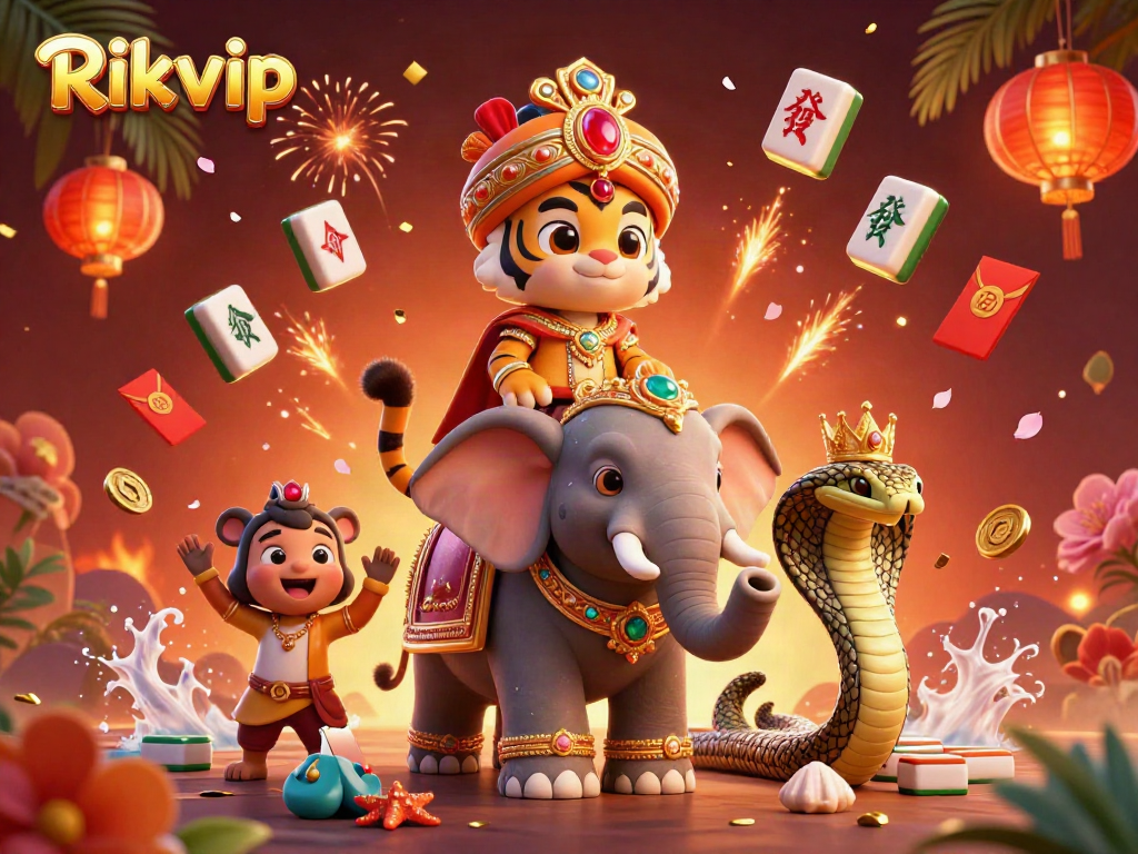 A vibrant illustration showcasing Rikvip with a maharaja tiger, jewel-encrusted elephant, and cobra amidst floating gambling elements.