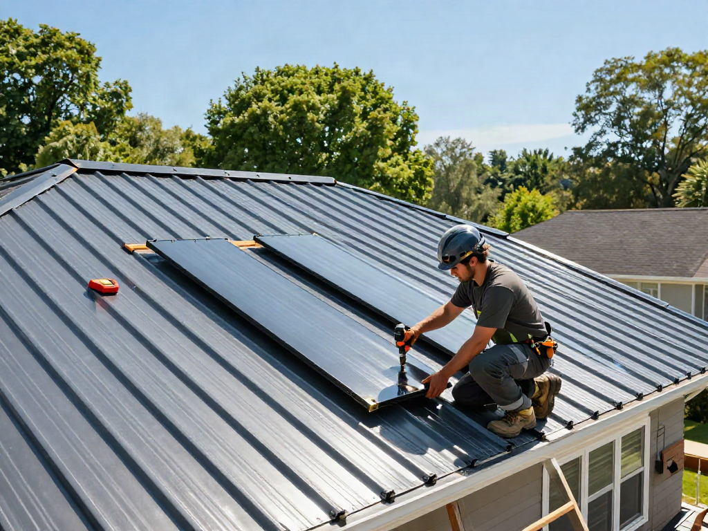 M Roof contractor installing metal roofing on a suburban home.