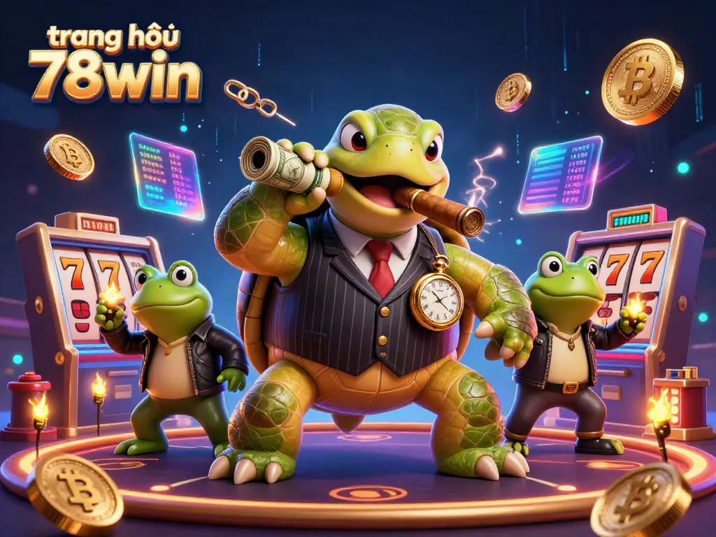 Experience the excitement of trang chủ 78win with a dynamic casino scene featuring a turtle mobster and bullfrog enforcers amidst slot reels.