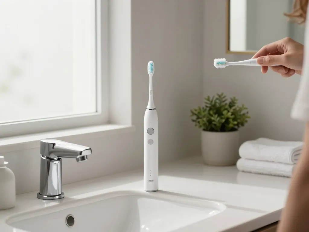 A user demonstrating the Laifen electric toothbrush in a modern, stylish bathroom setting.