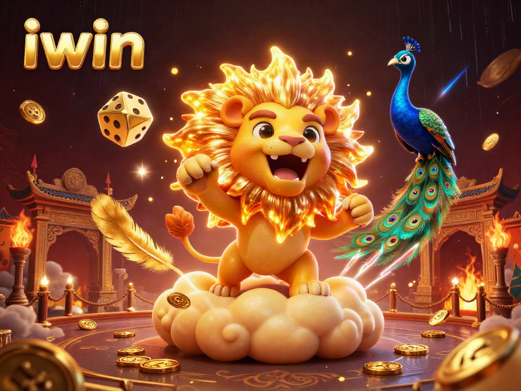 iwin showcases a triumphant sun lion in a dynamic gambling scene filled with dice, feathers, and coins.