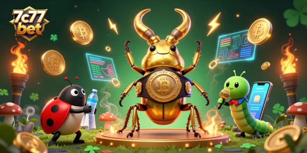 Engage in exciting action at 7c77 bet with a dynamic 3D illustration featuring casino-themed characters and elements.