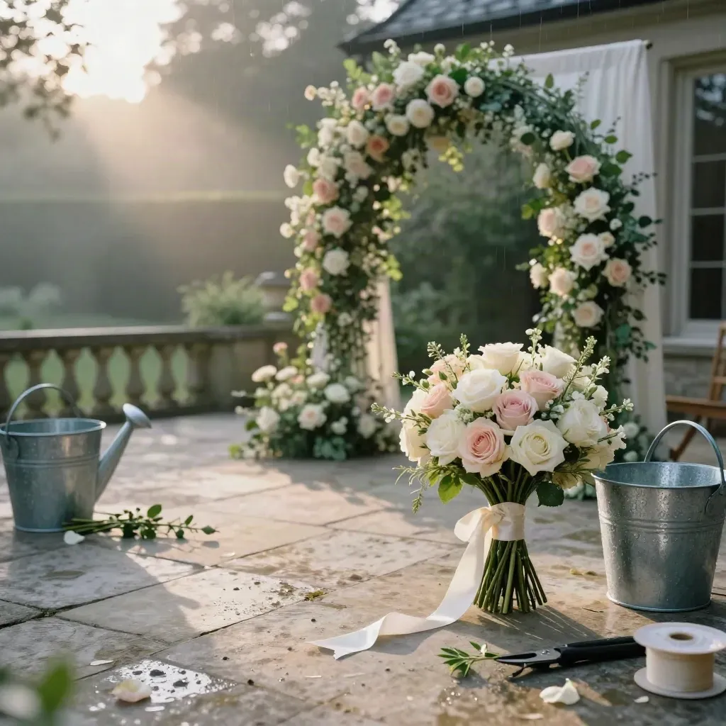 Rain-kissed bridal floristry on a pale stone terrace with bouquet, arch panel, vessels and mist.