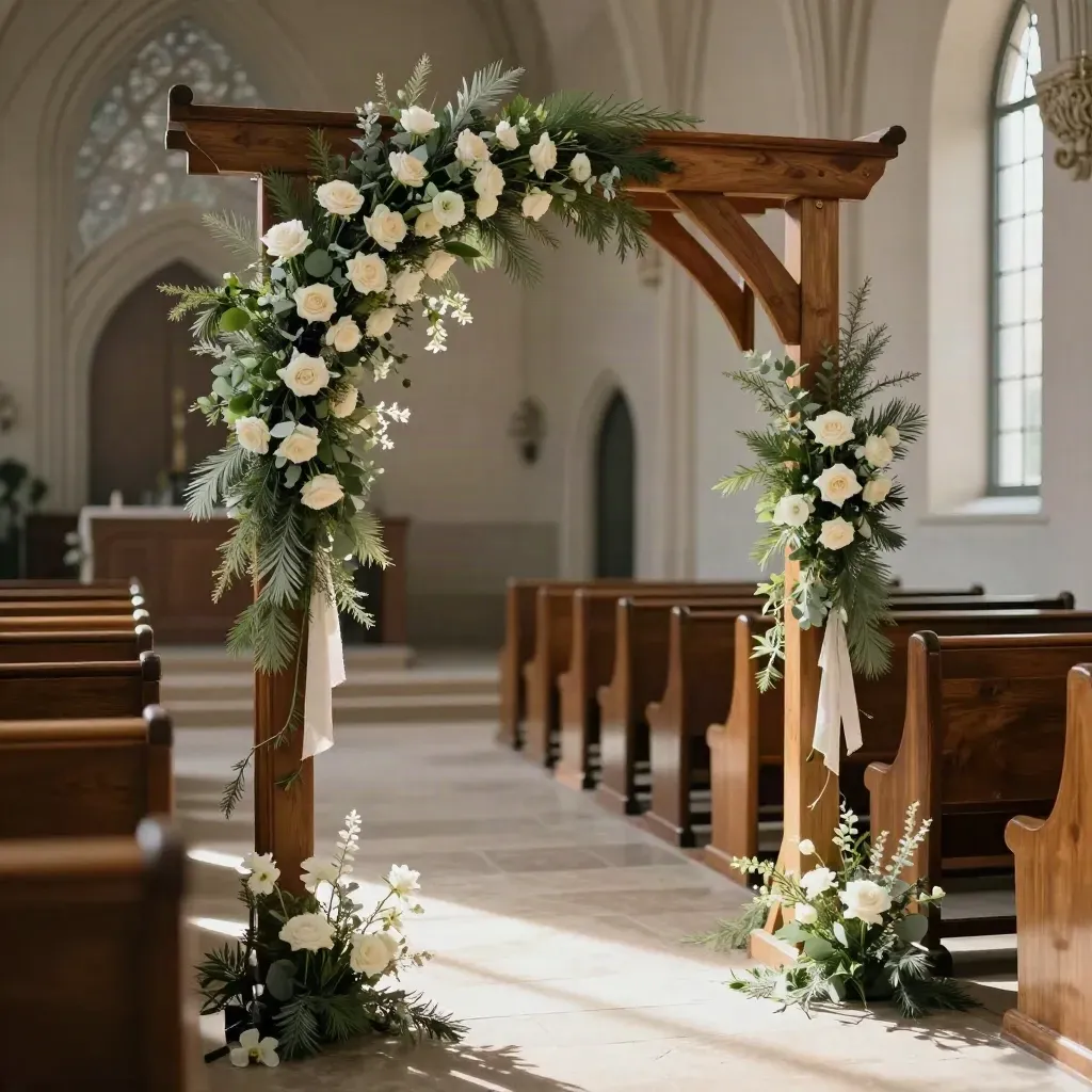 Cedar ceremony arch with sage greenery and white roses in a hazy chapel aisle
