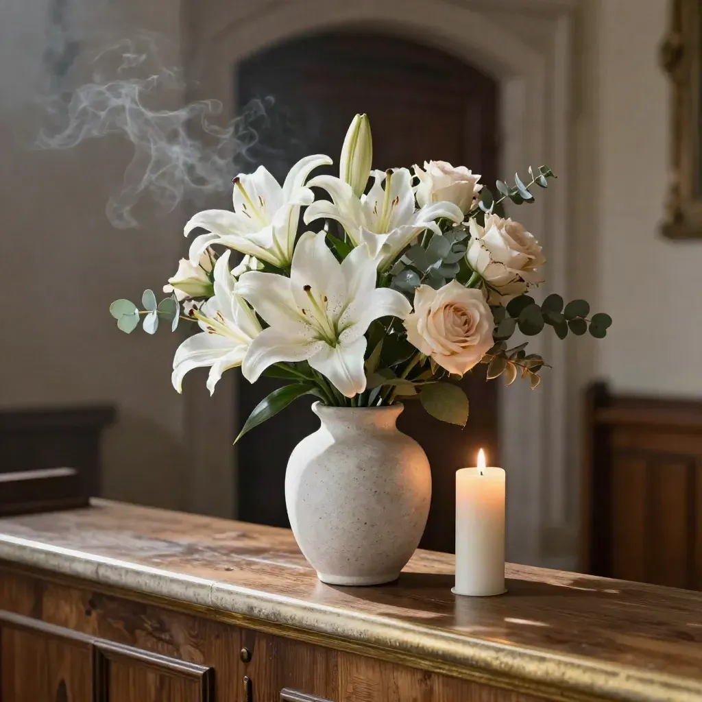 White sympathy spray in stone vase beside candle in a hazy chapel foyer