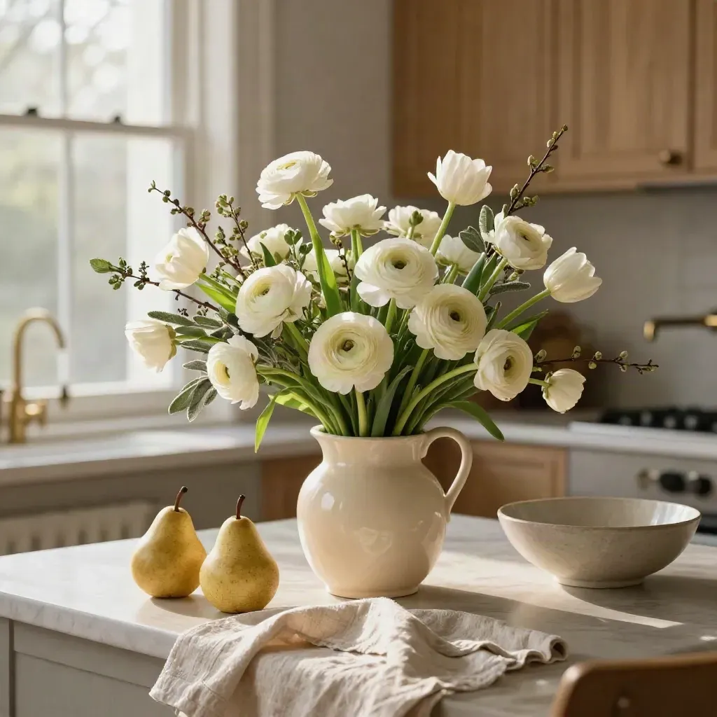 Seasonal bouquet in a cream jug on a kitchen island with pears and linen, lit by late-afternoon sun.