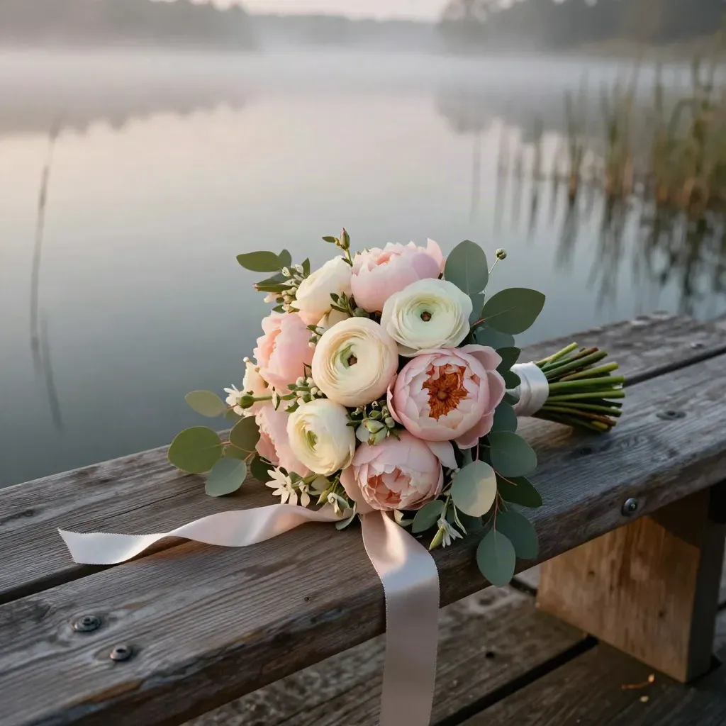Blush bridal bouquet and ceremony florals on a dockside bench by misty lake water