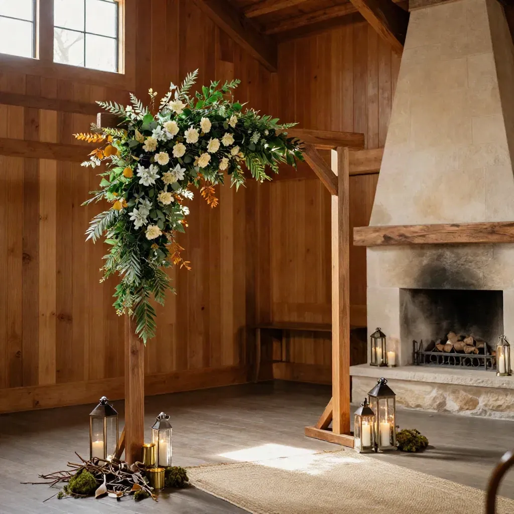 Finished cedar ceremony arch in a timber room with amber leaves and aisle lanterns