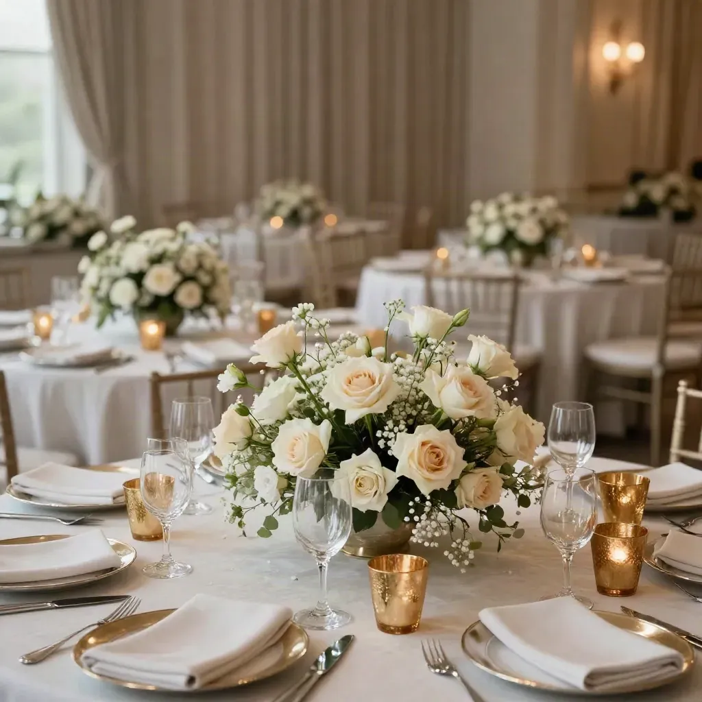 Low white-and-champagne floral centerpieces glowing on hotel tables before a gala dinner.