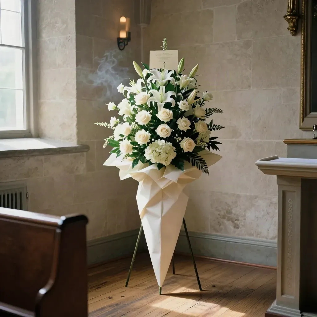 White sympathy spray beside a chapel lectern in warm stone light
