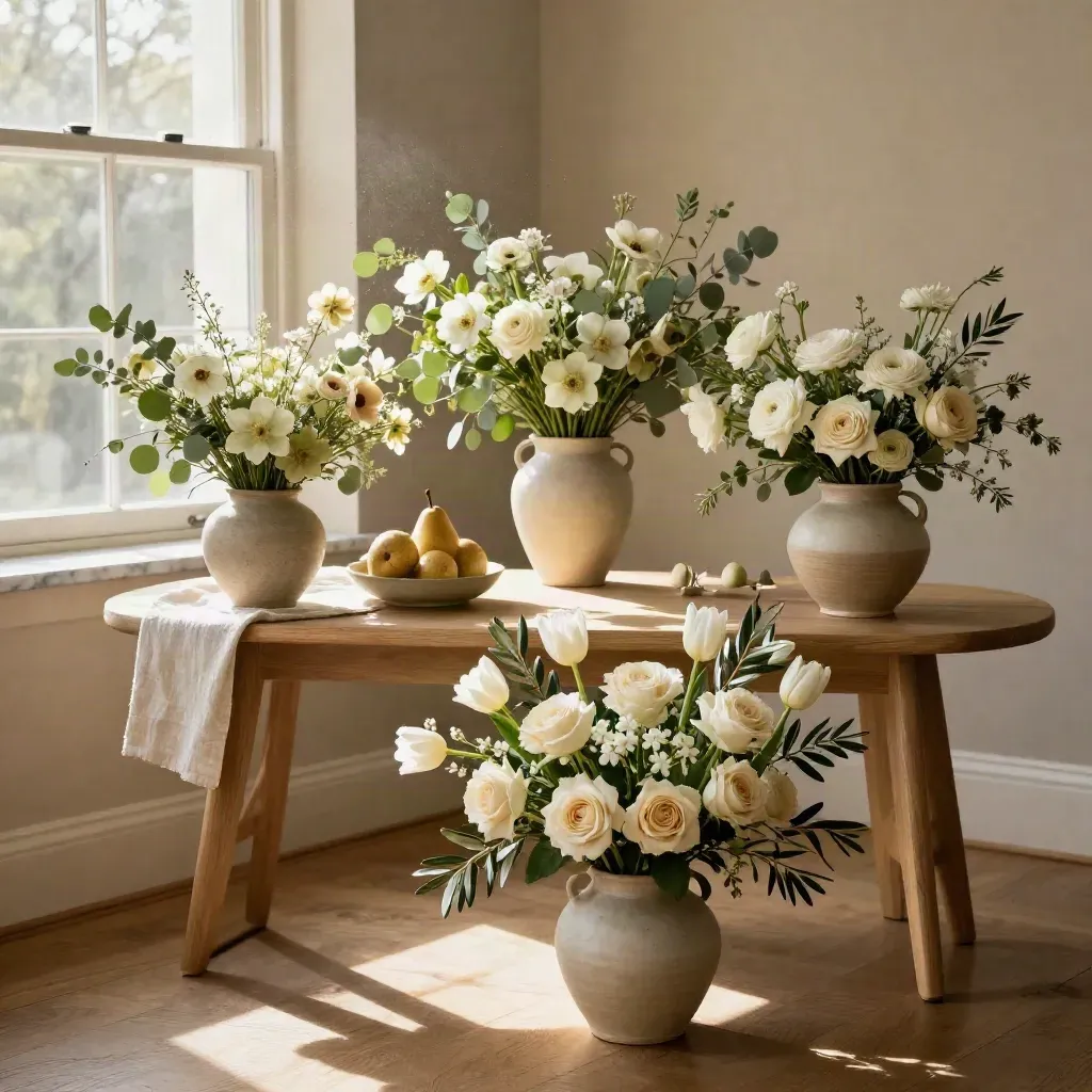Three seasonal bouquets in ceramic vessels in a sunlit West End home with linen and pears.