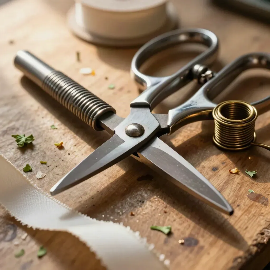 Floral shears, wire, and ivory ribbon on a worn florist workbench with clipped stems.