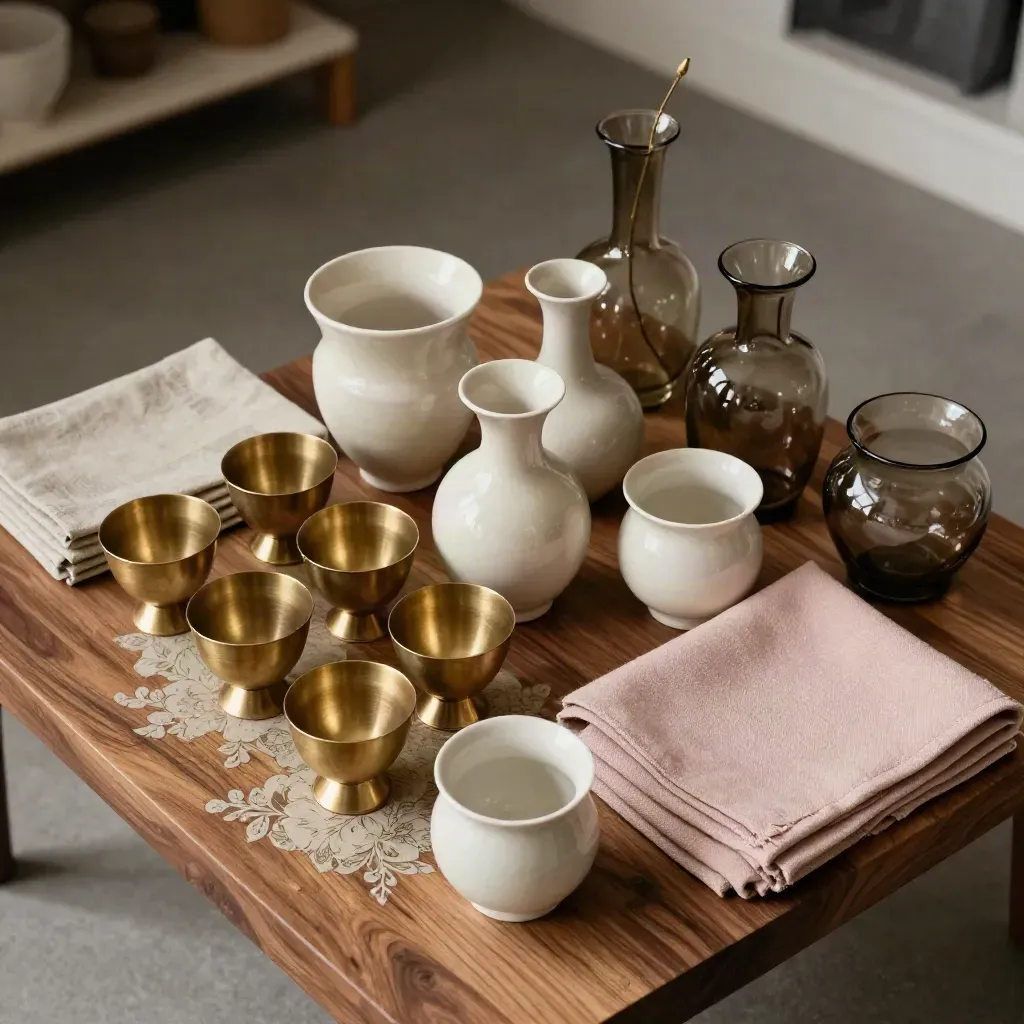 Overhead floral planning still life with compote vessels, candle cups, linen swatches and bud vases.