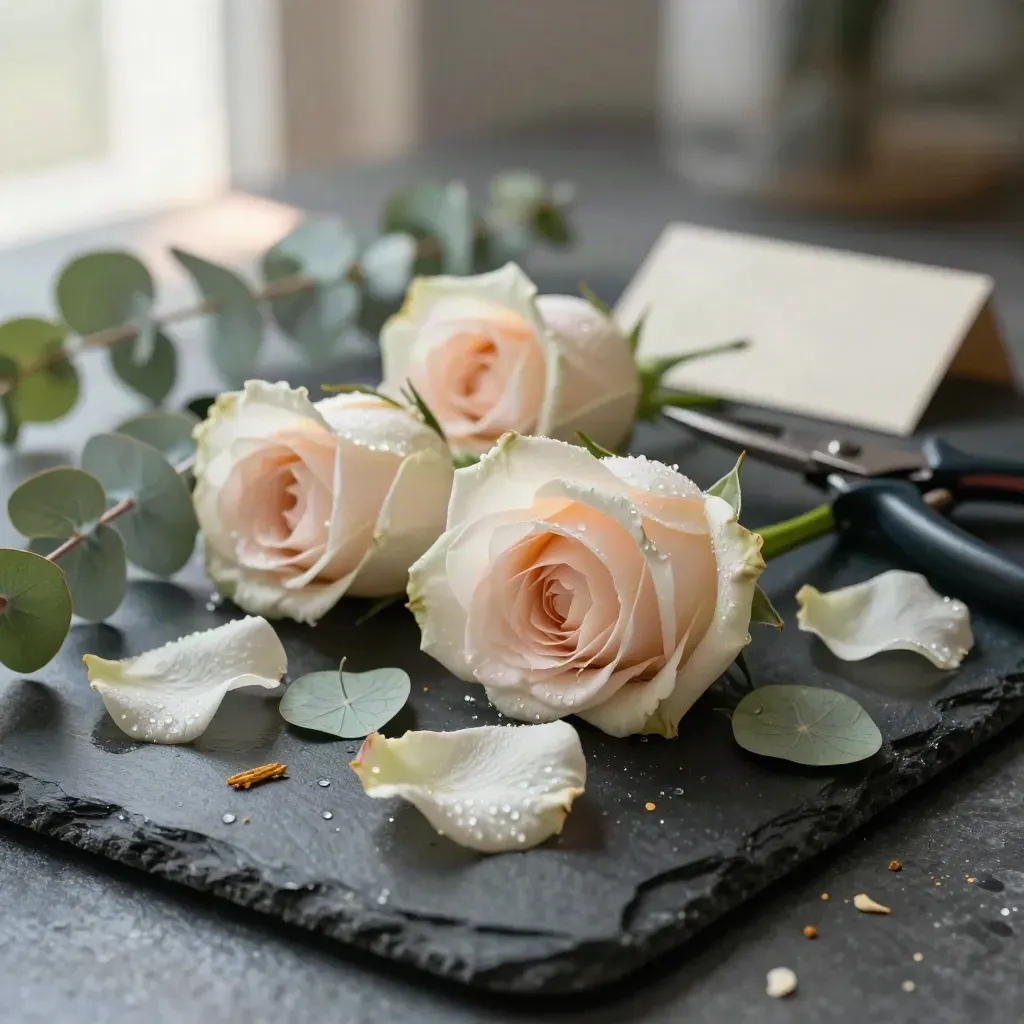Damp rose heads, spray roses, hydrangea disks and clippers on slate in soft daylight.