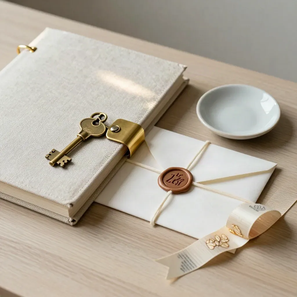 Linen folio, brass key, and wax-sealed envelope on pale oak in soft side light.