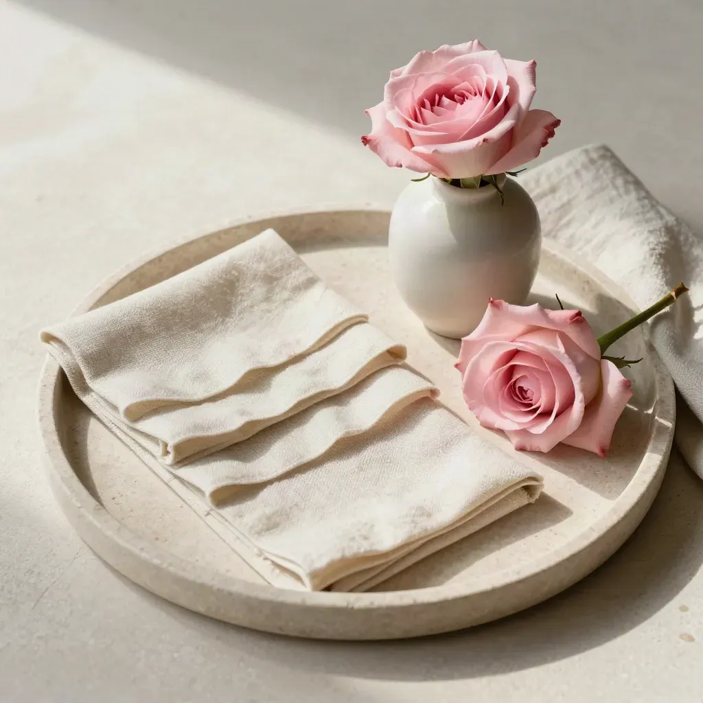 Ribbon loops, fabric swatches, bud vase and blush roses on a stone tray.