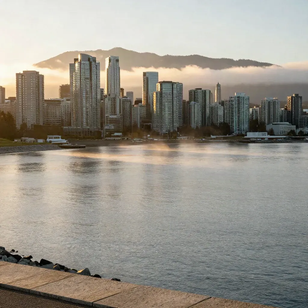 Hazy sunrise over Vancouver harbour with skyline and North Shore mountains above calm seawater.