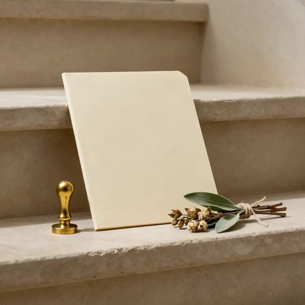 Sealed quote folder, brass stamp, and twine-tied stem samples on a plaster shelf.