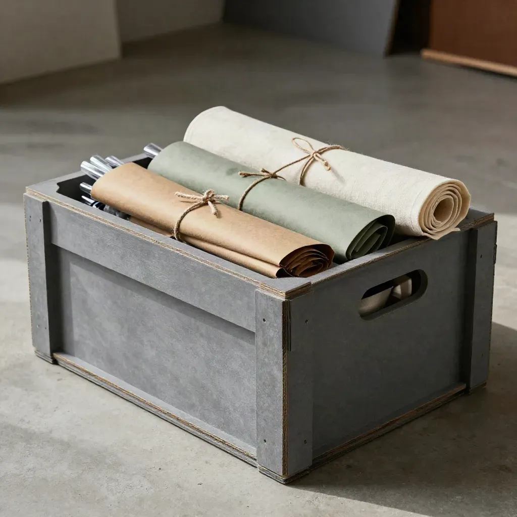 Flower transport crate with water tubes, bouquet sleeves, and rolled linen runner on pale concrete.