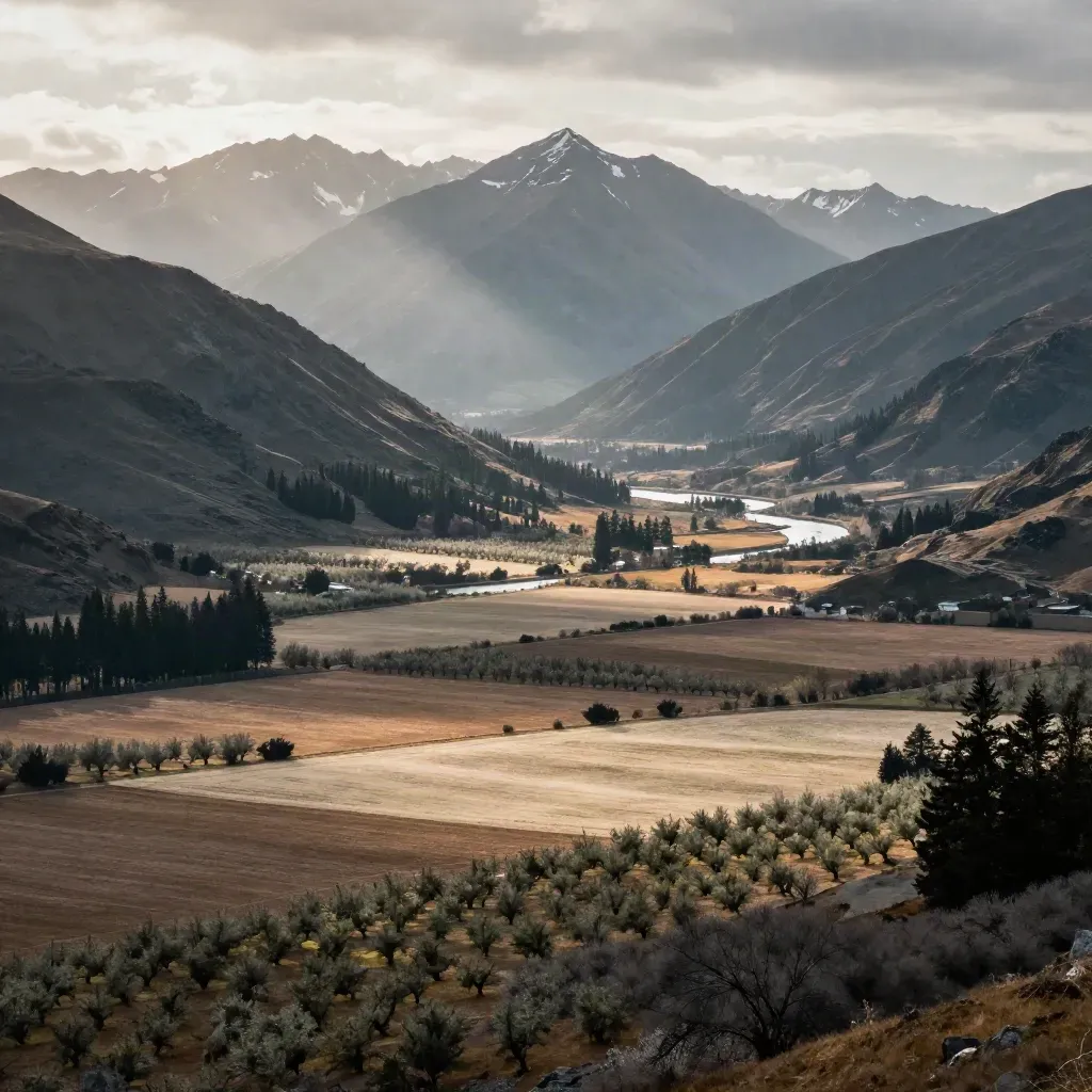 Fraser Valley orchard slope with misty fields and glacier-tipped mountains after rain.