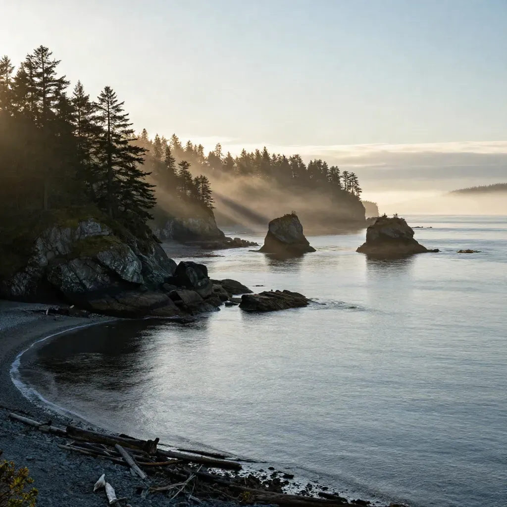 Foggy Vancouver Island inlet with cedar bluffs, sea stacks, and still tidal water at golden hour.