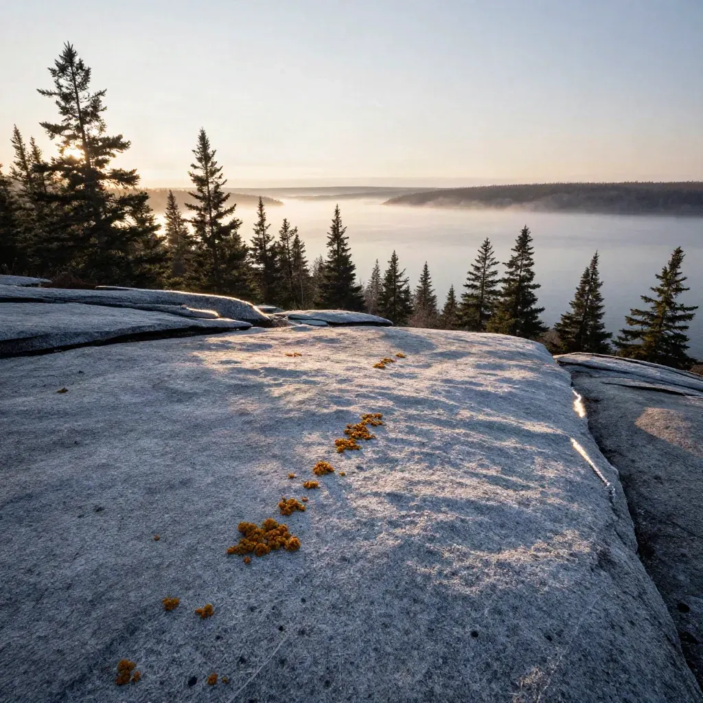 Frost-lit Canadian Shield with pines, still lake, and hazy dawn light