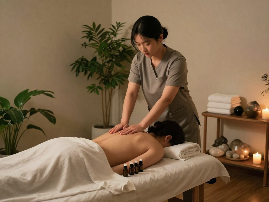 Relaxing 강동구출장안마 massage therapy scene with therapist, calming ambiance, essential oils, and plush treatment table.