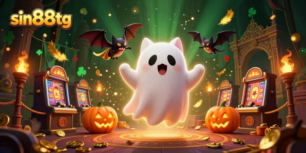 Experience thrilling gaming adventures at sin88tg with a ghost cat and vampire bat in an enchanting casino.