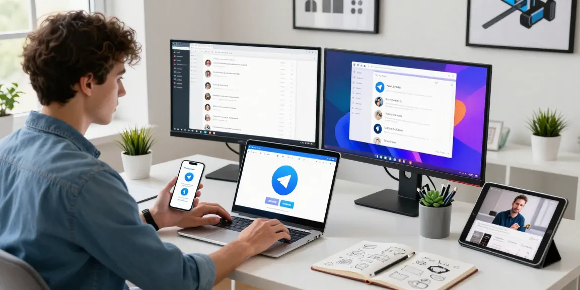 Telegram download on modern laptop in a bright workspace, showcasing digital communication.