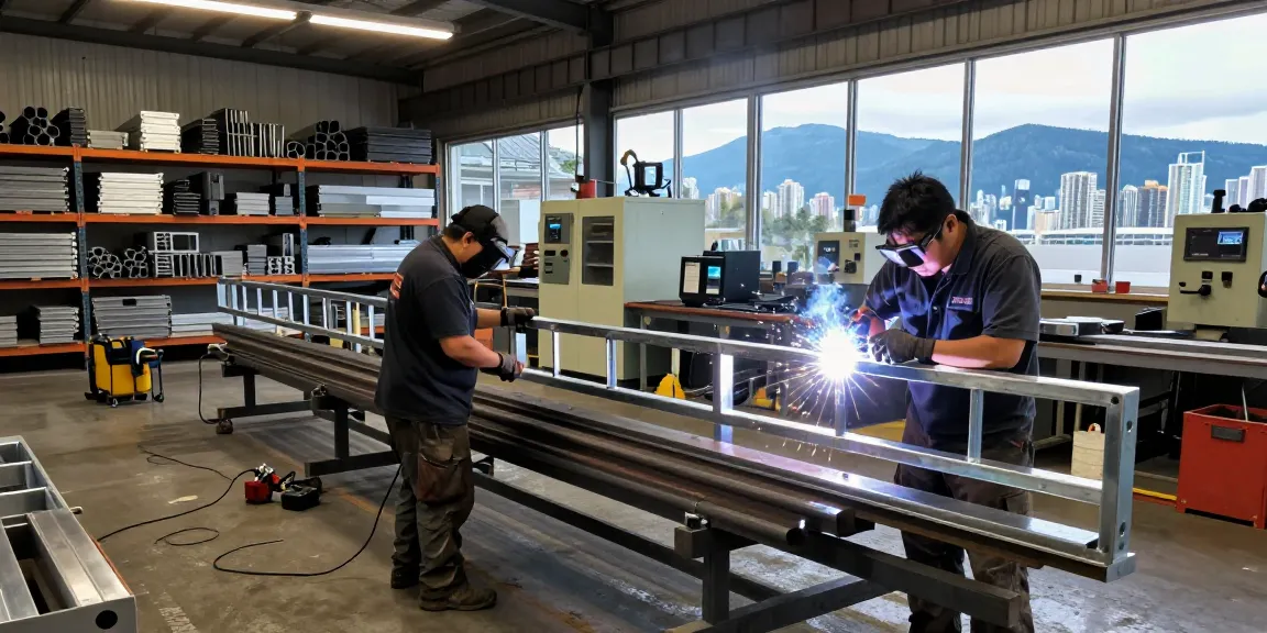 Expert team in a metal fabrication north vancouver workshop, showcasing custom steel rails and precision tools.