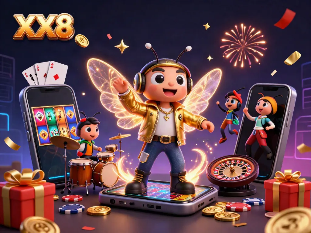 Experience the excitement of XX8 with a vibrant 3D illustration of a casino scene featuring a cicada rock star and game elements.