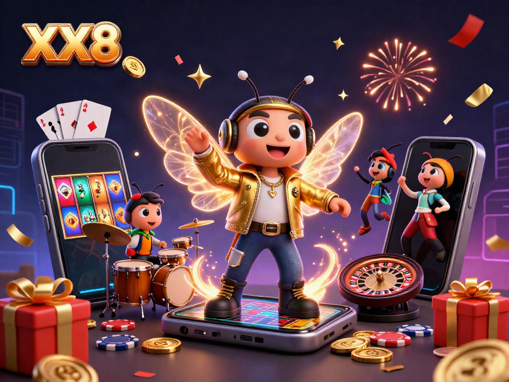 Experience the excitement of XX8 with a vibrant 3D illustration of a casino scene featuring a cicada rock star and game elements.