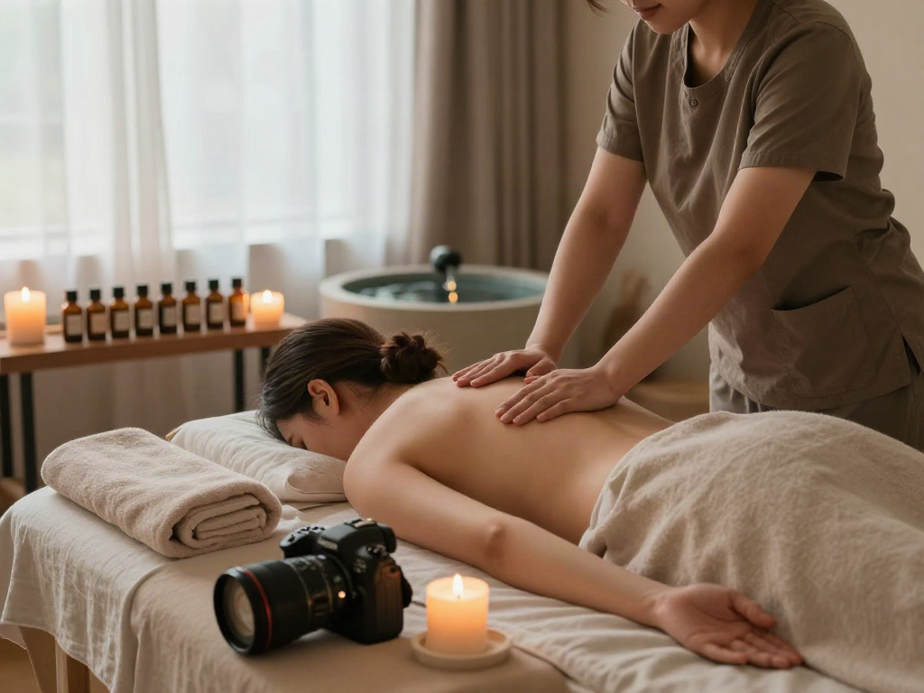 A relaxing 주안출장마사지 session in a tranquil home spa with soothing candles and essential oils.
